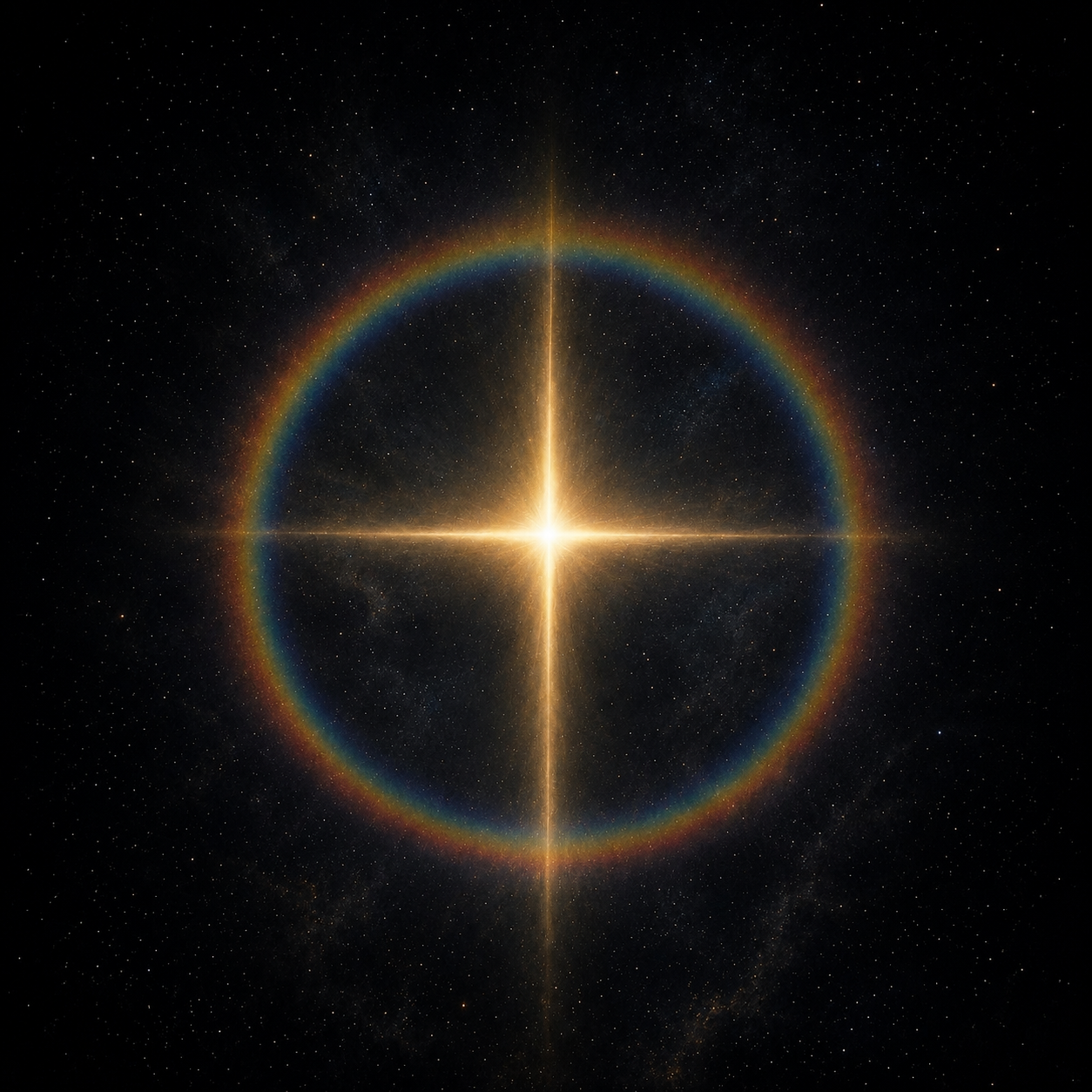 Dunkler Sternenraum, gleichschenkliges Lichtkreuz und Regenbogenkreis als Symbol für Vater, Christus und Heiligen Geist